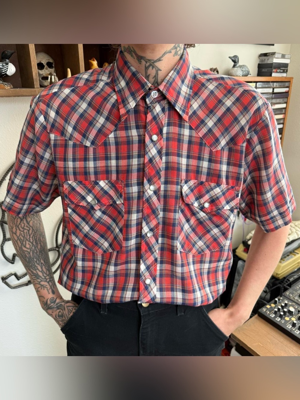Vintage 80s Plaid Semi-Sheer Pearl Snap Short Sleeve Western ~ Size Medium
